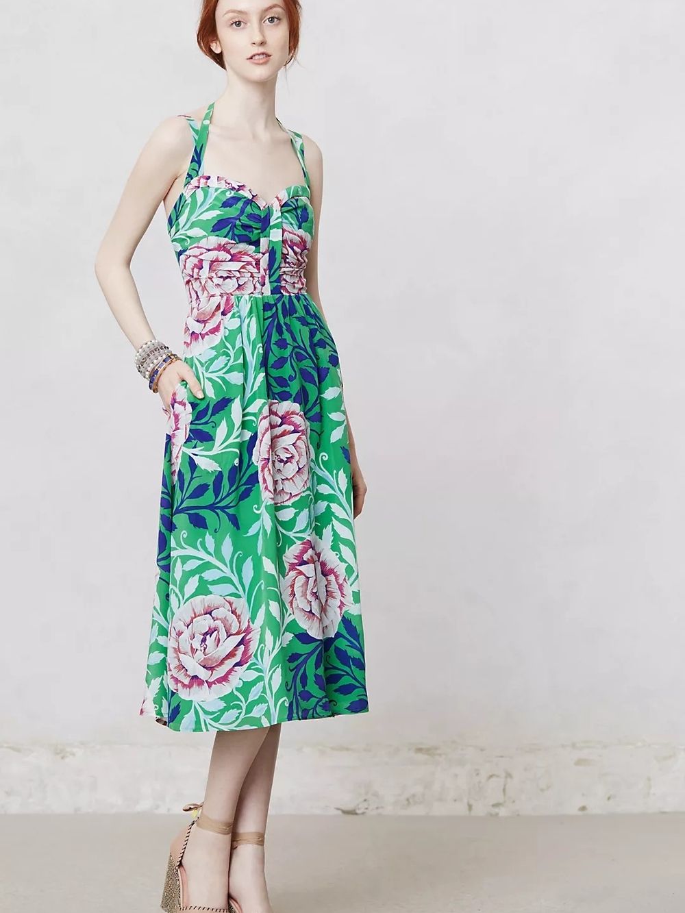 Moulinette Soeurs Green Floral Halter Midi Dress with Pink Bloom